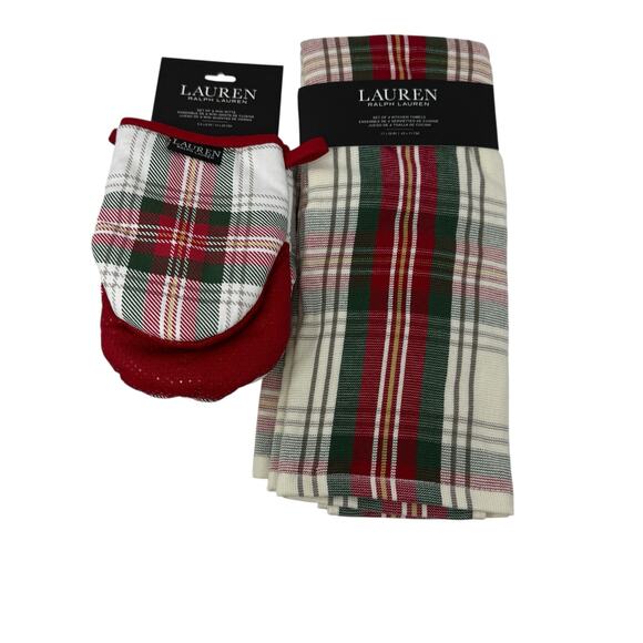 NWT Lauren Ralph Lauren Holiday Plaid Kitchen Set Mini Mitt & 2 Towels Christmas - Picture 1 of 10